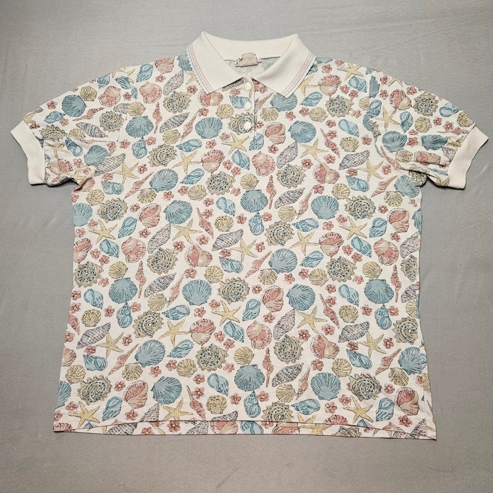 Cricket Lane Polo Shirt Womens Large Cream AOP Seashell Print Vintage 80s USA - Picture 1 of 9